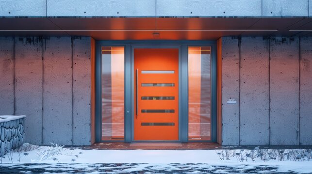 fiery orange door with modern glass inserts on a minimalist concrete house, offering a warm welcome on a frosty morning - Powered by Adobe