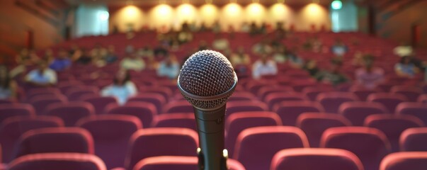 A microphone is on a stand in front of a crowd of people. Free copy space for text.