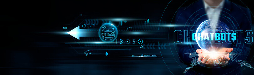 Chatbots Concept: Businessman Holding Global Network Connection on Social Networking and Chatbots,...