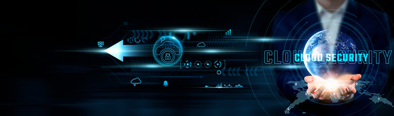 Cloud Security Concept: Businessman Holding Global Network Connection on Social Networking and...