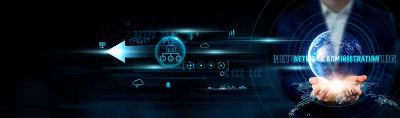 Network Administration Concept. Businessman Holding Global Network Connection on Social Networking...