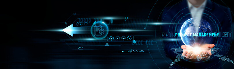 Project Management Concept. Businessman Holding Global Network Connection on Social Networking and...