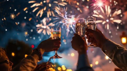 A group of friends toasting with drinks as they watch fireworks explode overhead