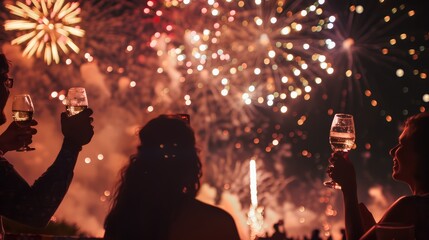 A group of friends toasting with drinks as they watch fireworks explode overhead