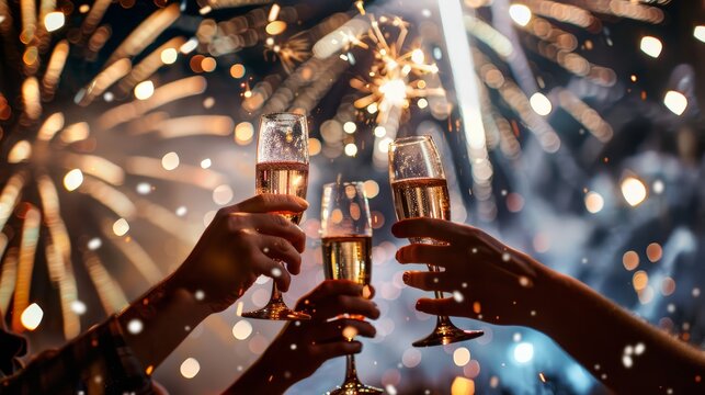 A group of friends toasting with drinks as they watch fireworks explode overhead