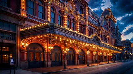 Fototapeta premium A historic opera house exterior with majestic architecture and marquee lights