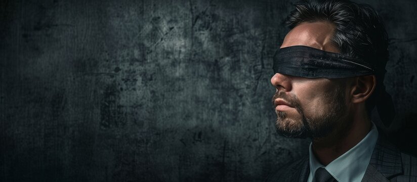 Close-up of a blindfolded businessman in a suit, standing against a textured dark background, symbolizing mystery and uncertainty. Banner with copy space