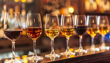 Many glasses of different wine in a row on bar counter