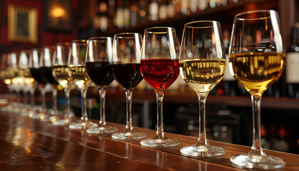 Many glasses of different wine in a row on bar counter