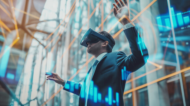 Businessman Utilizing VR headset for data visualize, Analysis and Decision Making
