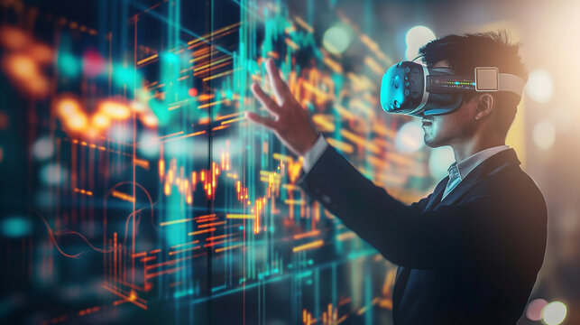 Asian Businessman Utilizing VR headset for Data Analysis, planing with graph chart