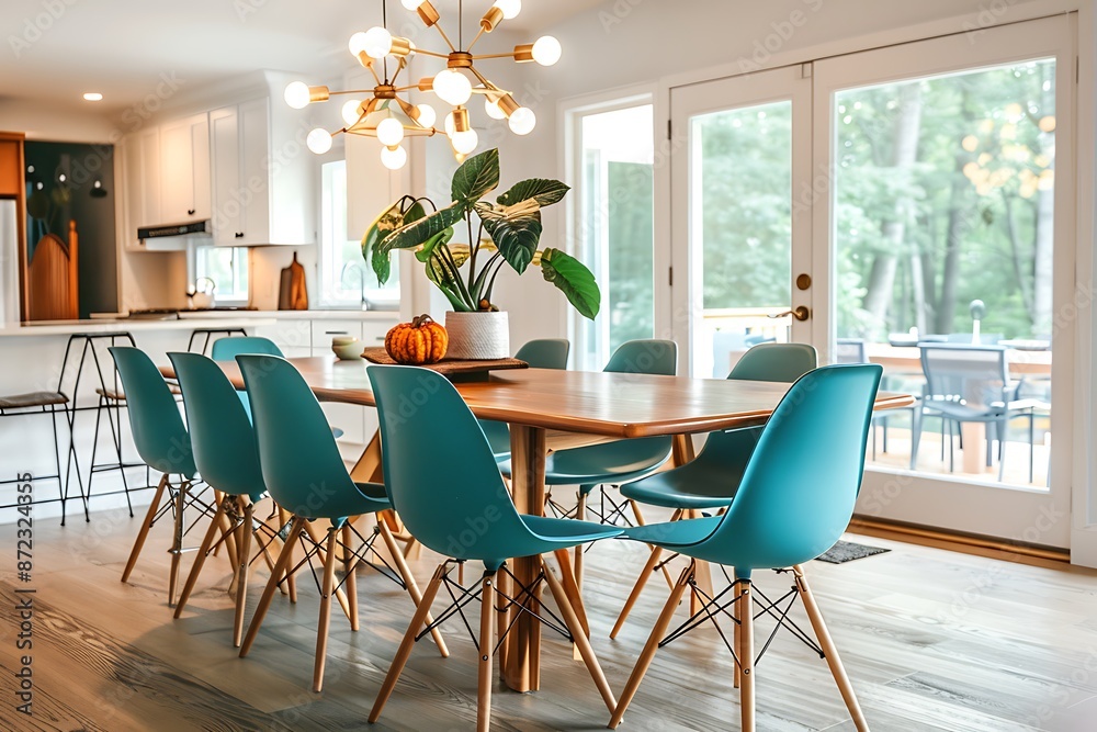 Wall mural Mid-century modern dining area with teal tulip chairs, walnut table, and sputnik chandelier. 32k UHD,