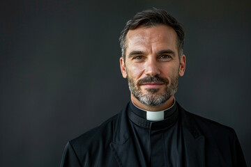 Obraz premium Religious man looks at the camera with serenity, peace and optimism. Good looking catholic priest is smiling on slack studio background. Copy paste empty place or text