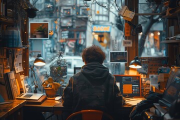 Fototapeta premium Person Working on Laptop in a Window-Filled Cafe