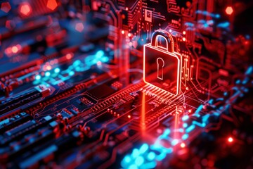 Fototapeta premium digital illustration of a glowing red padlock icon amidst complex blue circuitry on a motherboard, symbolizing cyber security and data protection