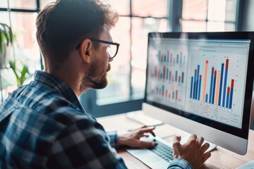 focused man analyzing data on computer screen with colorful bar charts in modern office