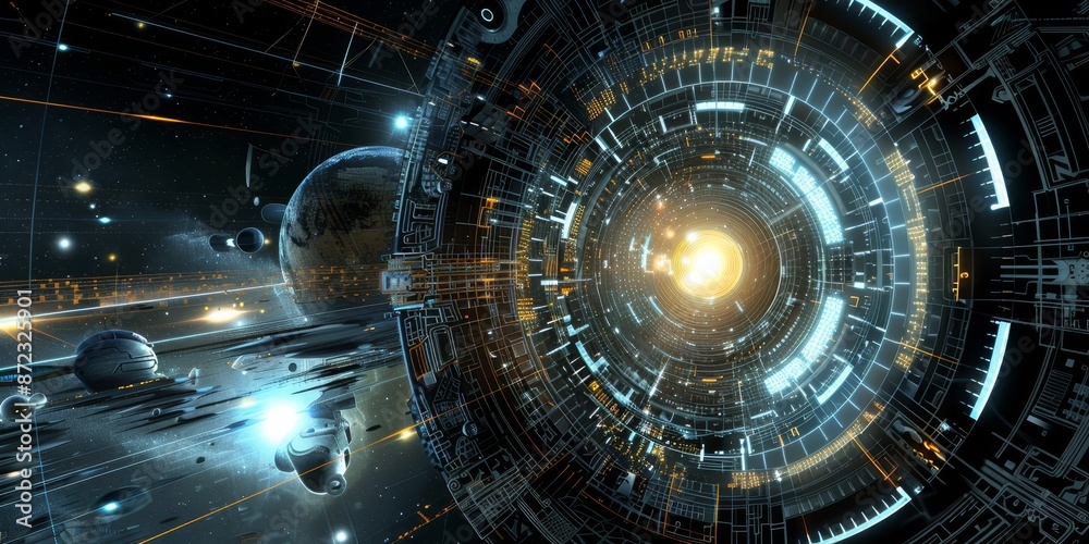 Poster futuristic space portal in a cosmic setting, envisioning advanced technology for interdimensional tr