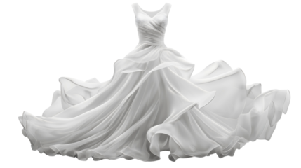 White long wedding dress isolated on transparent background. Bridal fashion and elegance clothing style, woman female person in marriage, bride beauty, full body, girl, mock up