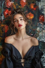 Fototapeta premium elegant woman in black dress with bold red lipstick posing against artistic background fashion art photography
