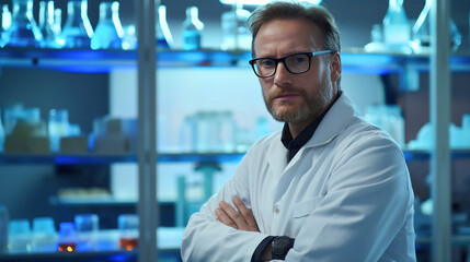 Fototapeta premium Portrait of middle-aged scientist man standing in a laboratory, copy space. Professional chemistry experiment and research analysis