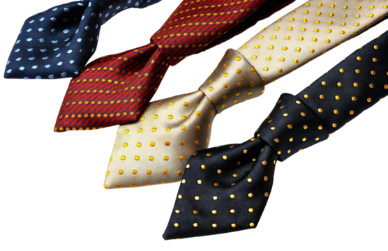 Four neck ties with different colors and patterns isolated on transparent background. Formal business fashion style clothing accessory with knot, suit wear silk textile garment, trendy gentleman dress