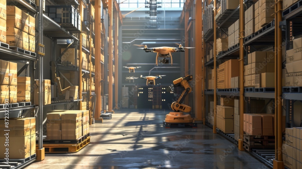 Poster a futuristic warehouse with shelves full of boxes and drones flying through the aisles. a robot arm 