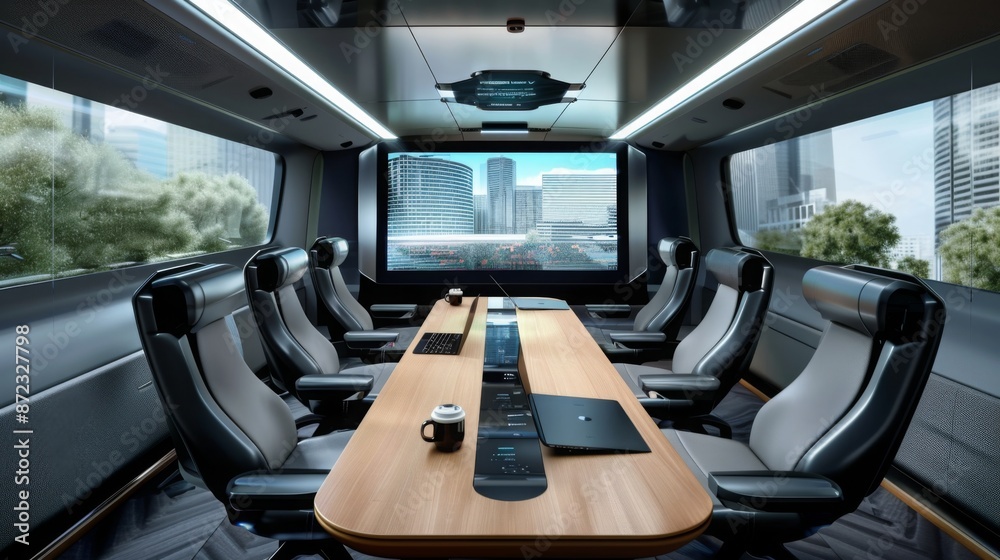 Poster a modern bus interior with a large meeting table, comfortable seats, and a large screen. the bus is 