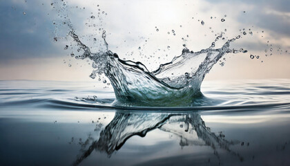 High-speed moment of water splash in mid-air, showcasing the beauty of fluid dynamics with intricate details and reflections on a smooth surface.