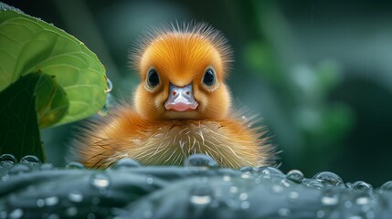 Close Up of a Duckling in a Pond With Dew Drops