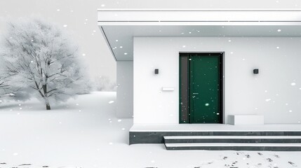 lustrous emerald green door on a crisp white modern house, offering a splash of color against the snowy backdrop