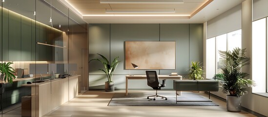 Modern office vibe, beige and forest green, minimalist layout, 32k UHD,