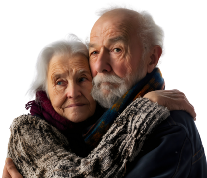Portrait of senior couple hugging, old man and woman in love together isolated. Happy elderly mature people relationship, pensioner husband and wife in their 60s, affection and care
