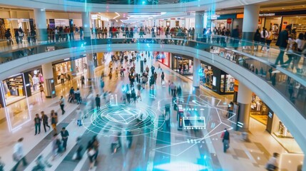 A futuristic shopping mall with digital overlays of lines and patterns, giving a sense of movement. Shoppers walk on lower levels with escalators above.