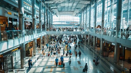 A view from above of a busy airport terminal interior with passengers walking through the terminal.