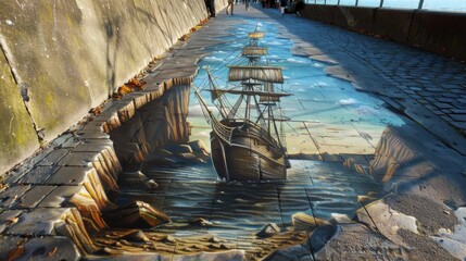 3D street art mural on a sidewalk depicts a realistic ship sailing through a rocky ocean passage. The illusionary artwork captivates passersby with its intricate details.