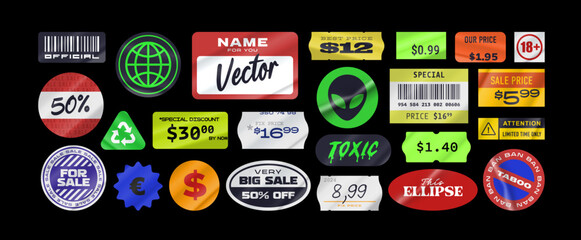 Sticker pack. Price stickers. Peeled Paper Stickers. Price Tag. Isolated on black background