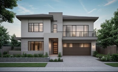 Fototapeta premium A Contemporary Dwelling with Stylish Architecture, Beautiful Exterior Design, and a Serene Garden Setting. Perfect Family Home in a Residential Neighborhood, Featuring Thoughtful Construction