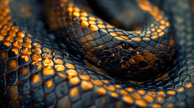 Closeup of dark black and golden snake skin texture. Exotic reptile animal pattern print wallpaper, leather fashion textile natural material, luxury, tropical safari lizard, surface