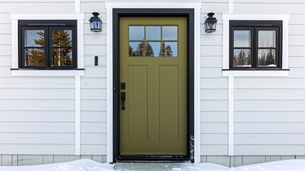 Fototapeta premium matte olive green door with sleek, black trim on a minimalist white house, offering a subtle yet inviting entrance in winter