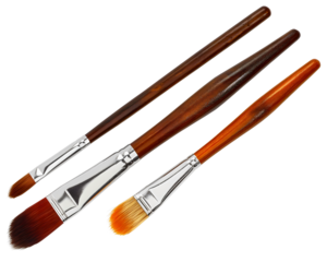 Set of three wooden brown paint brushes isolated on transparent background. Artist painter hobby tool equipment object, canvas creativity and drawing instrument