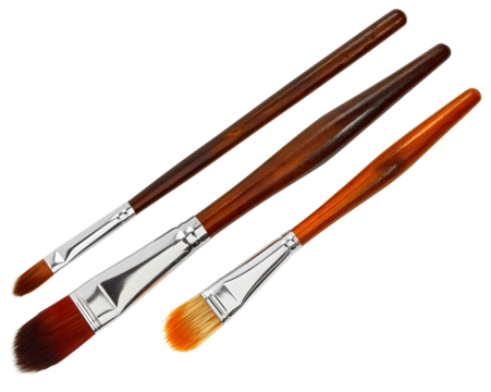 Set of three wooden brown paint brushes isolated on transparent background. Artist painter hobby tool equipment object, canvas creativity and drawing instrument