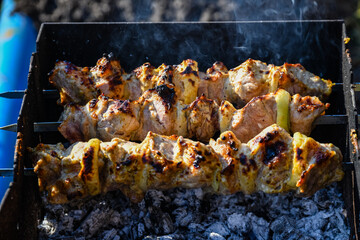 Marinated shashlik (or shish kebab) preparing on a skewers over charcoal