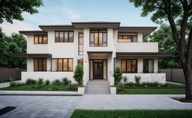Fototapeta premium A Contemporary Dwelling with Stylish Architecture, Beautiful Exterior Design, and a Serene Garden Setting. Perfect Family Home in a Residential Neighborhood, Featuring Thoughtful Construction