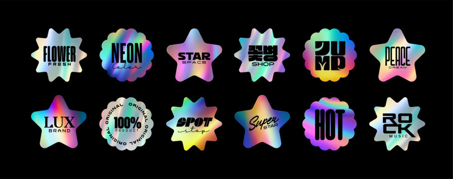 Holographic stickers. Hologram labels of star shapes. Sticker shapes for design mockups. Holographic textured stickers for preview tags, labels. Vector illustration