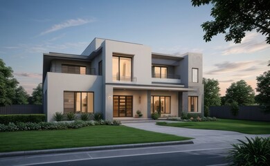 A Contemporary Dwelling with Stylish Architecture, Beautiful Exterior Design, and a Serene Garden Setting. Perfect Family Home in a Residential Neighborhood, Featuring Thoughtful Construction