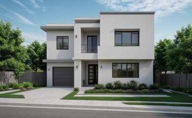 Fototapeta premium A Contemporary Dwelling with Stylish Architecture, Beautiful Exterior Design, and a Serene Garden Setting. Perfect Family Home in a Residential Neighborhood, Featuring Thoughtful Construction
