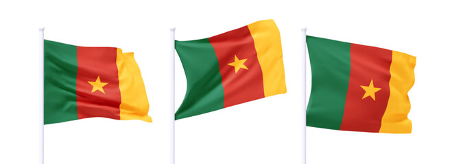 Set of Cameroon waving flag on flagpole. Realistic 3d design flag flies on the wind on isolated white background. vector illustration