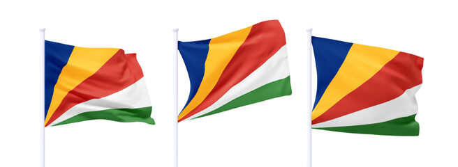Set of Seychelles waving flag on flagpole. Realistic 3d design flag flies on the wind on isolated white background. vector illustration