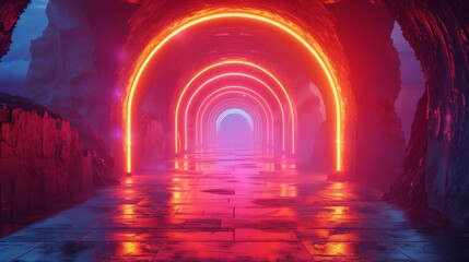 Illuminated Neon Arches in a Dark, Mystical Cave