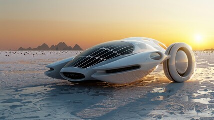 Fototapeta premium A futuristic, white car with a solar panel roof sits on a salt flat, with the setting sun casting a warm glow across the landscape.